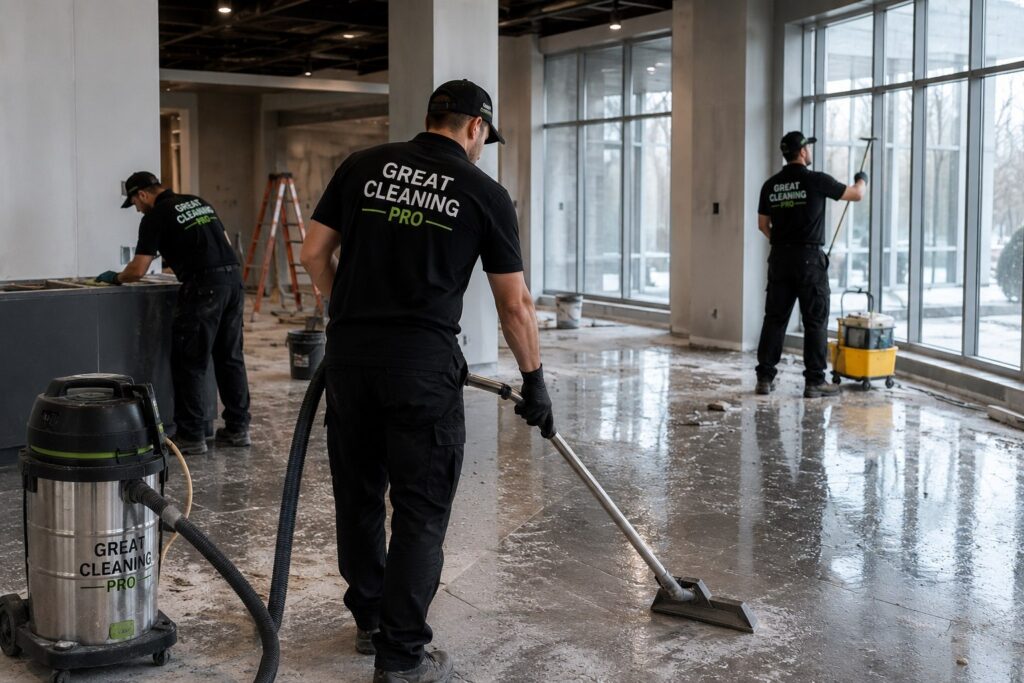 Professional post-construction cleaning in Charlotte, NC – Great Cleaning Pro team removing dust and debris from a new commercial site.