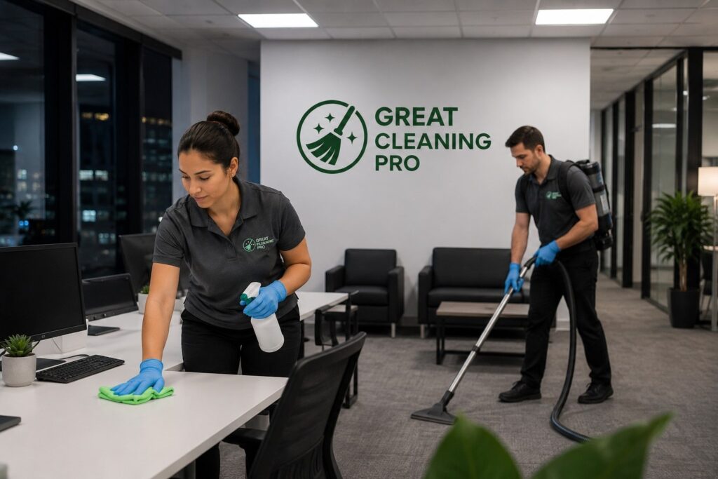 ommercial cleaning team vacuuming and dusting offices at night in Charlotte.